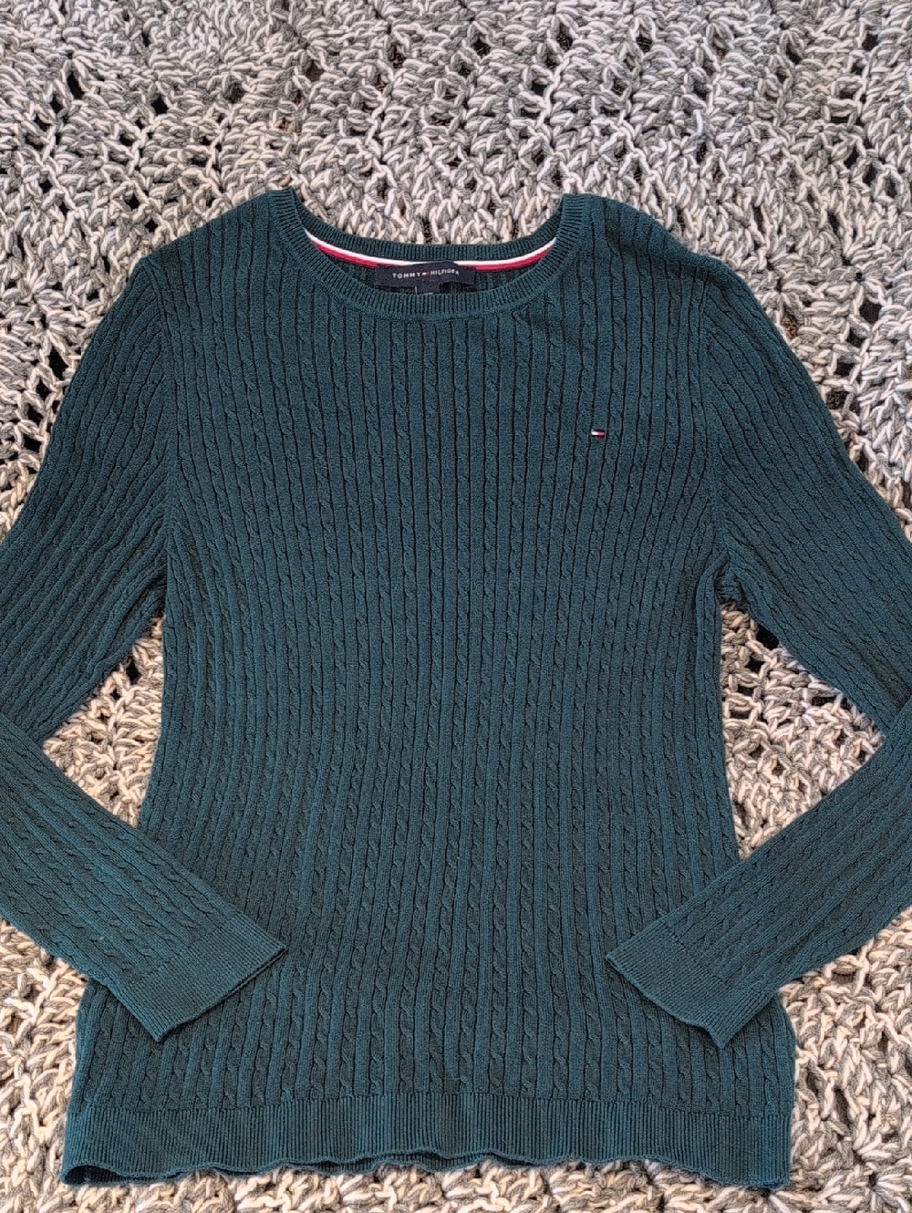 CCO-335 - Tommy Hilfiger Emerald Green Cable Knit Sweater Sporty Casual Classic - Picture 2 of 8